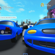 Two blue cars crush a Roblox character.